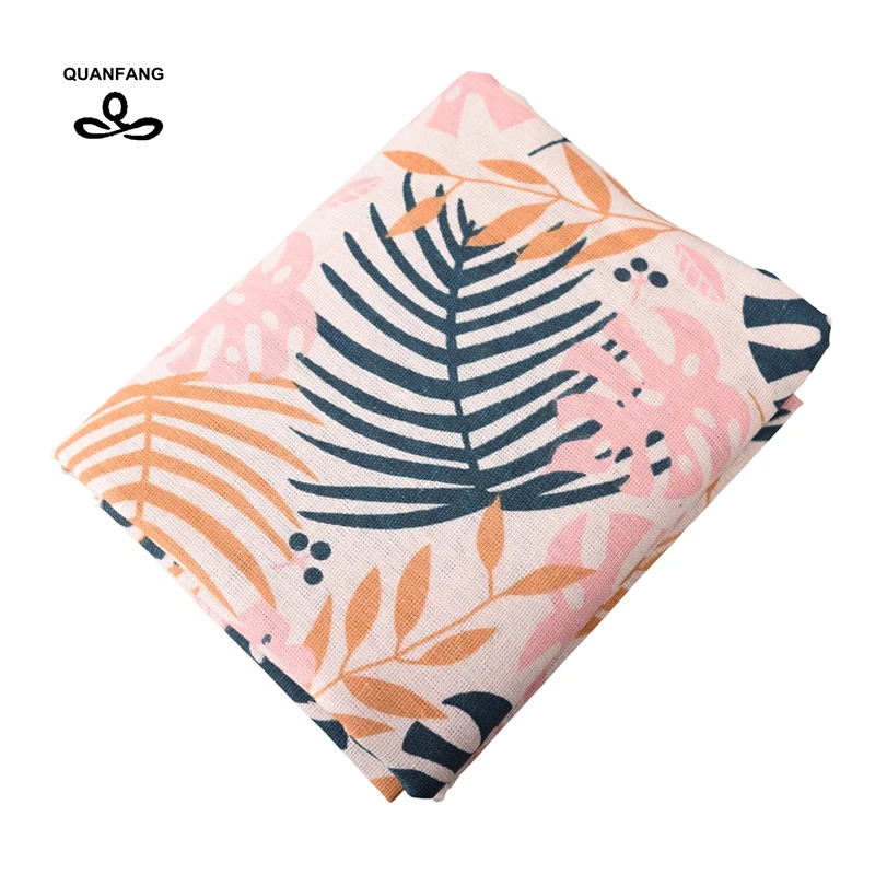 

QUANFANG pink leaves Printed Cotton Linen Fabric For DIY Quilting Sewing sofa,Table Clothes,Curtain Cushion Hold Pillow 50x150cm