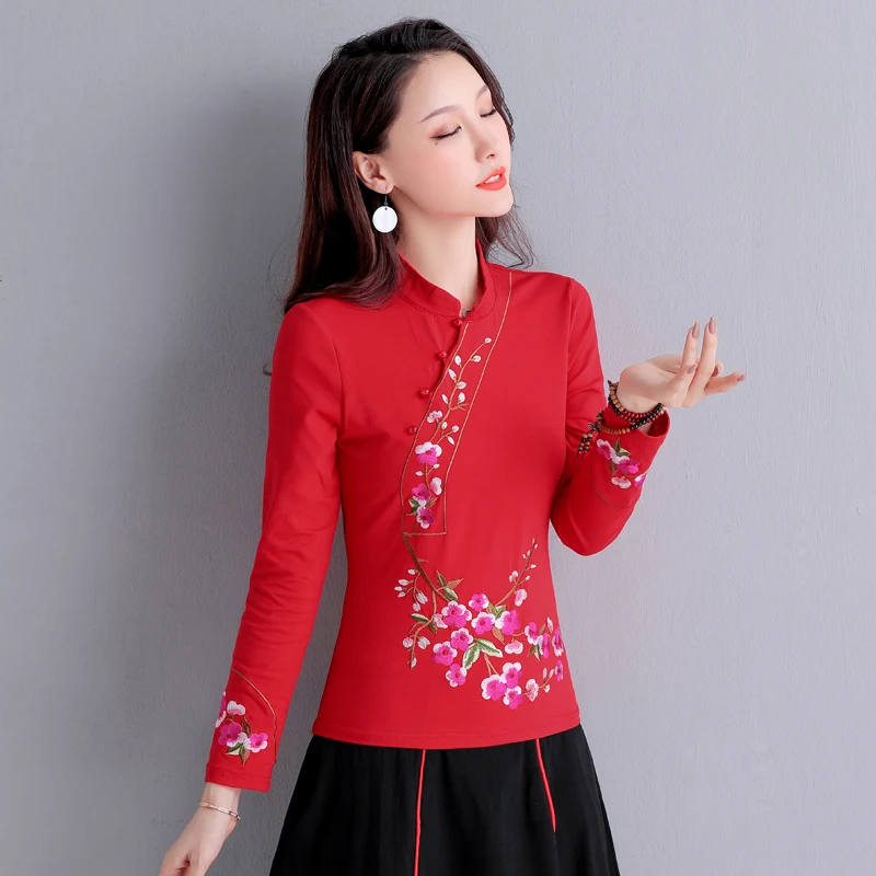 KYQIAO онлайн Китайский магазин blusa feminina женский этнический стоячий воротник с длинным рукавом черный красный синий Вышивка блузка рубашка - Цвет: Красный