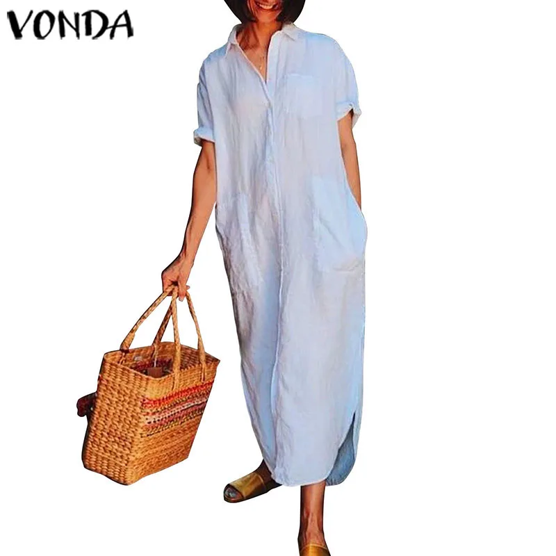 VONDA, женское однотонное Хлопковое платье-рубашка, повседневное, свободное, с отворотом, на пуговицах, праздничное, сексуальное, длинное платье, для вечеринки, Vestidos, плюс размер