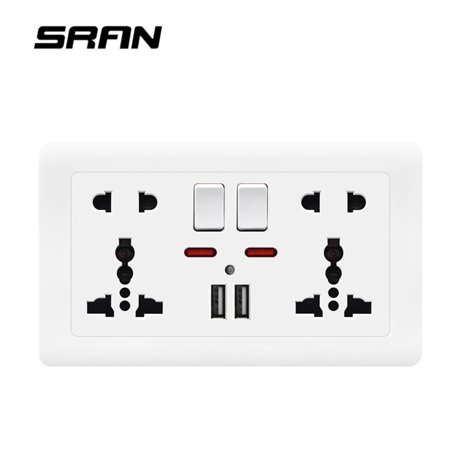 

SRAN Wall Power Socket Universal 5 Hole, 2.1A Dual USB Charger Port,146mm*86mm, LED indicator, UK Standard USB Switched Outlet