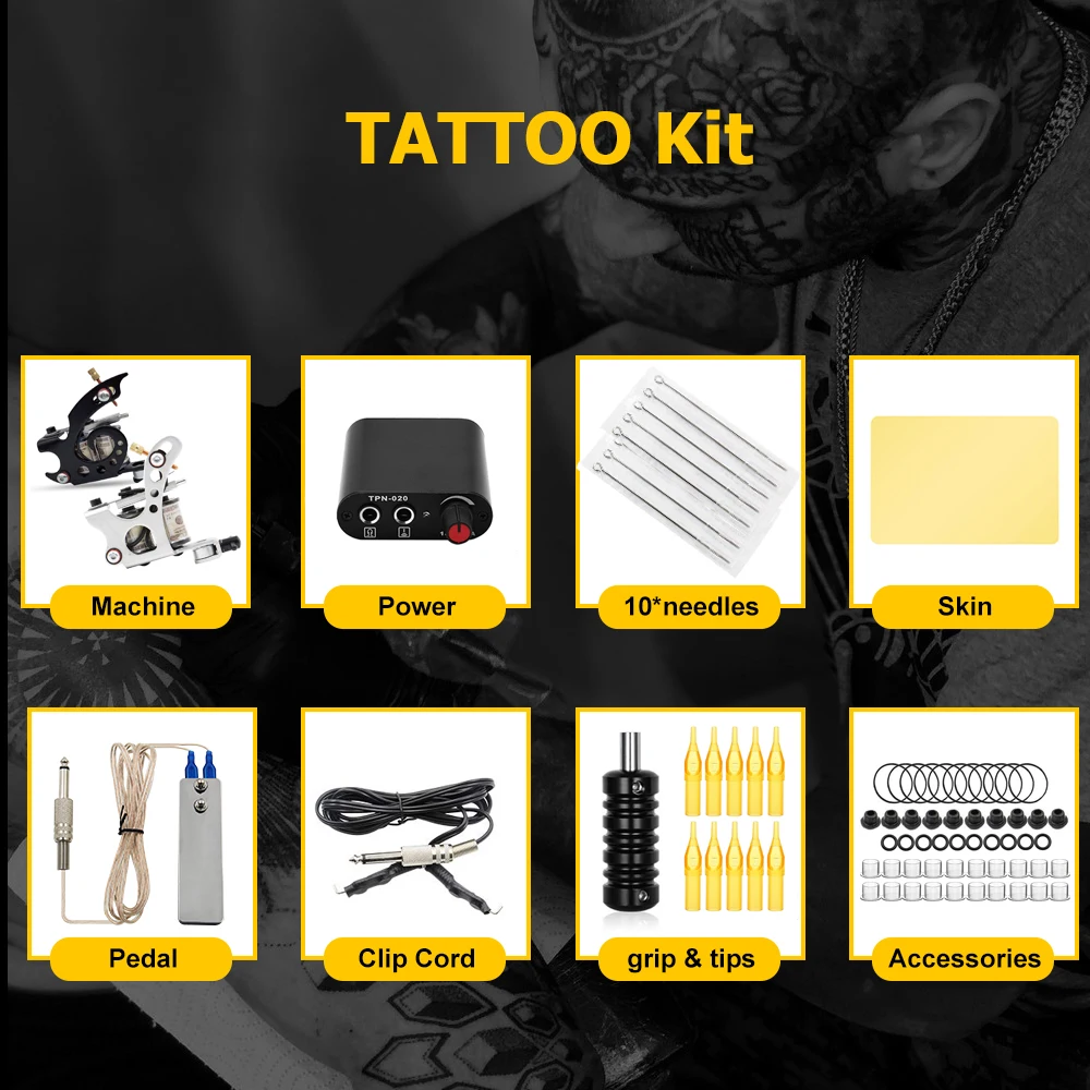 Tattoo Kit Complete Tattoo Machine Set Black Power Supply Inks