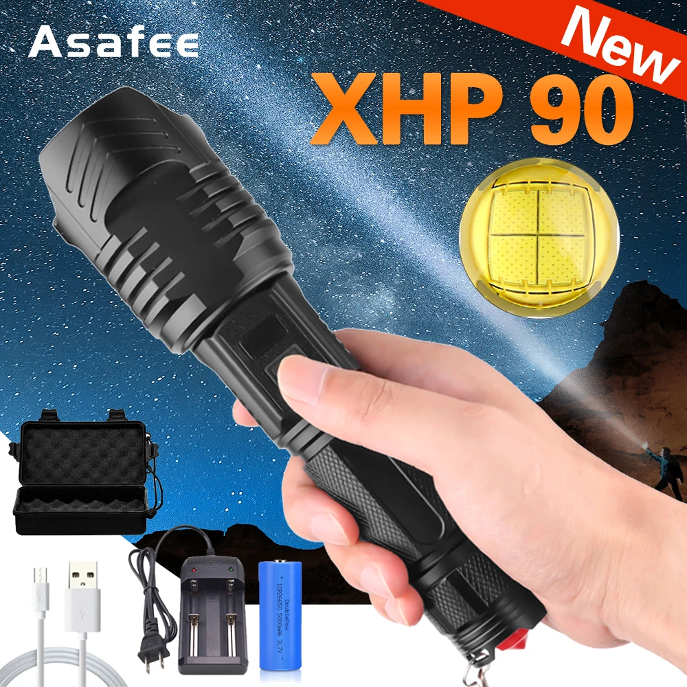 

New LED Flashlight XHP90 Powerful Flashlight XHP70 26650 Zoomable Lantern Smart Chip Waterproof Bottom Outdoor Safety Hammer