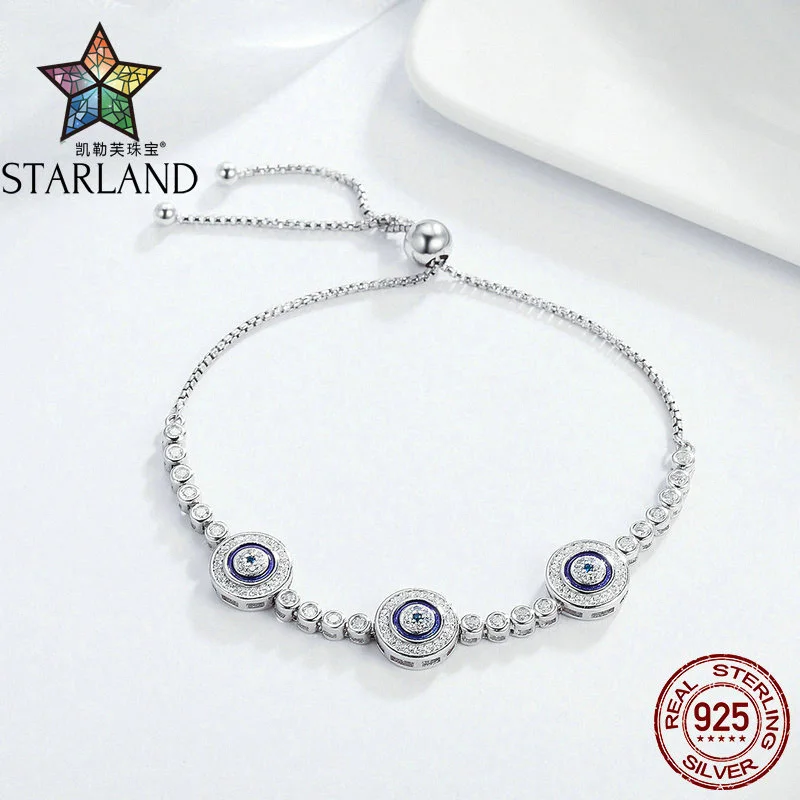 Starland новое поступление настоящий 925 пробы Серебряный Роскошный круглый голубой глаз прозрачный кубический циркон Хрустальный Теннисный браслет ювелирные изделия