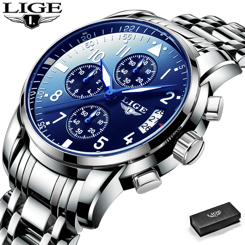 

LIGE Mens Watches Top Brand Luxury Casual Fashion Watch Men Sport Waterproof Watch Quartz Wristwatch Chronograph Stainless Steel
