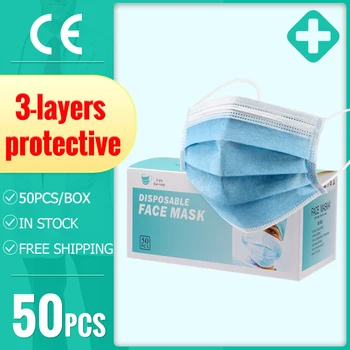 

50pcs 3-layer disposable masks face mask protective mask non-woven anti-dust meltblown cloth Earloop Mouth Cover masks 50pcs/box