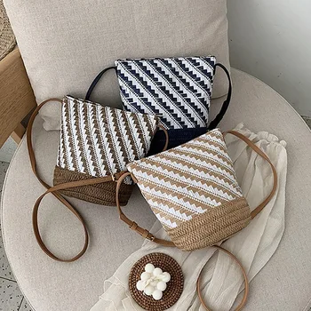 

ASDS-Ladies Striped Bucket Bag Shoulder Messenger Straw Bag Mori Paper Rope Woven Casual Bag Beach Bag