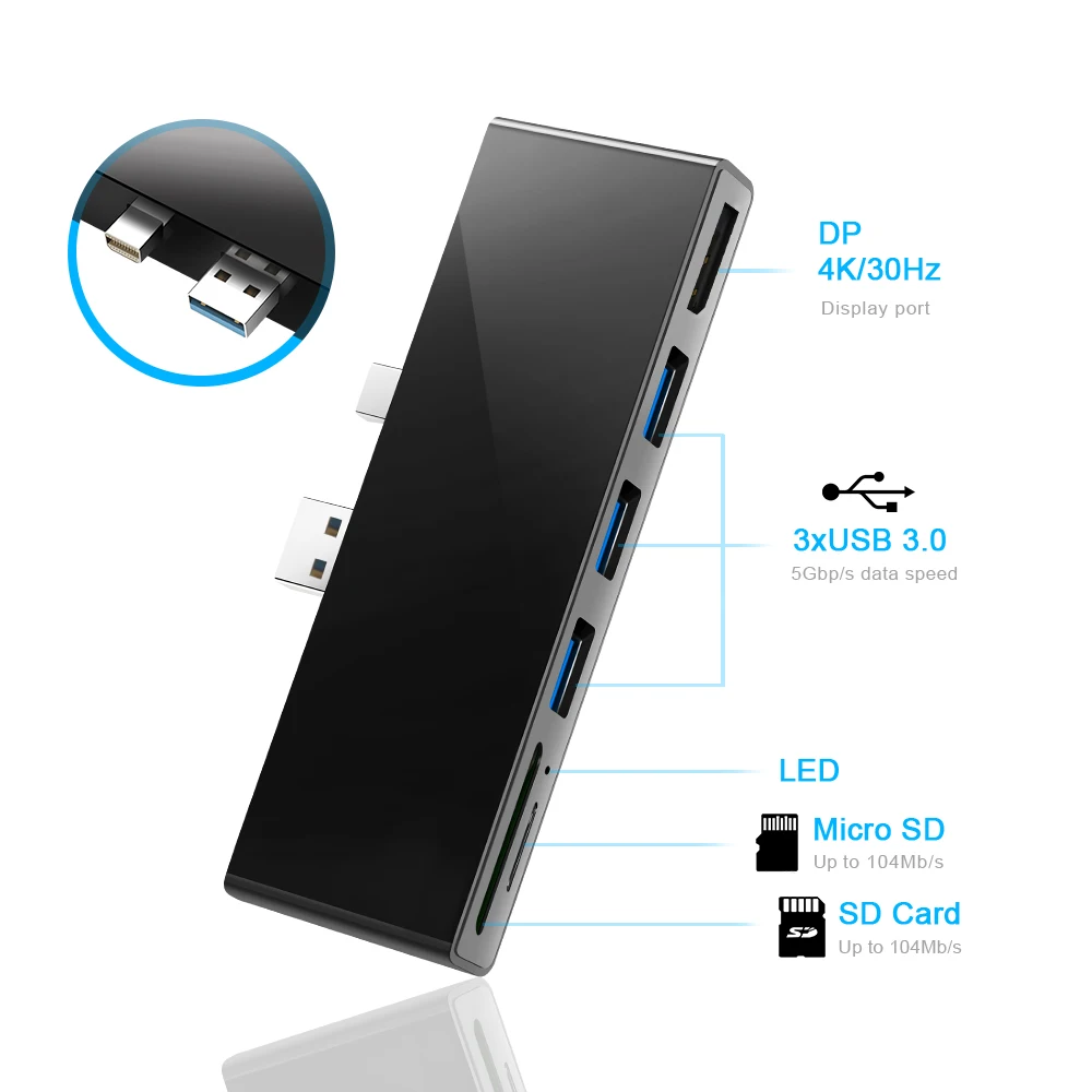 Rocketek usb 3,0 концентратор кард-ридер DP 4K 30 Гц адаптер для чтения в то же время SD/TF micro SD microsoft Surface Pro 4/5/6