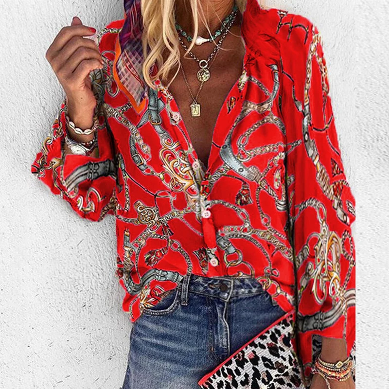 Women Blouses Spring Autumn Blouse Women Elegant Long Sleeve Blouse Shirt Printing V-neck Blouse Office Shirts Blusas Camisa