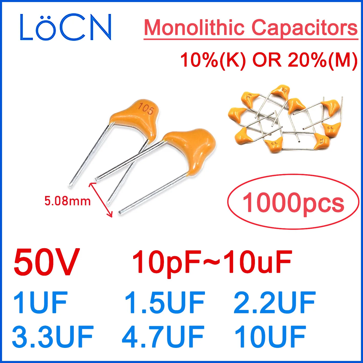 

MLCC Monolithic Ceramic Capacitor CT4 5.08MM 50V 10%(K) 20%(M) 1UF 1.5UF 2.2UF 3.3UF 4.7UF 10UF LoCN 1000pcs