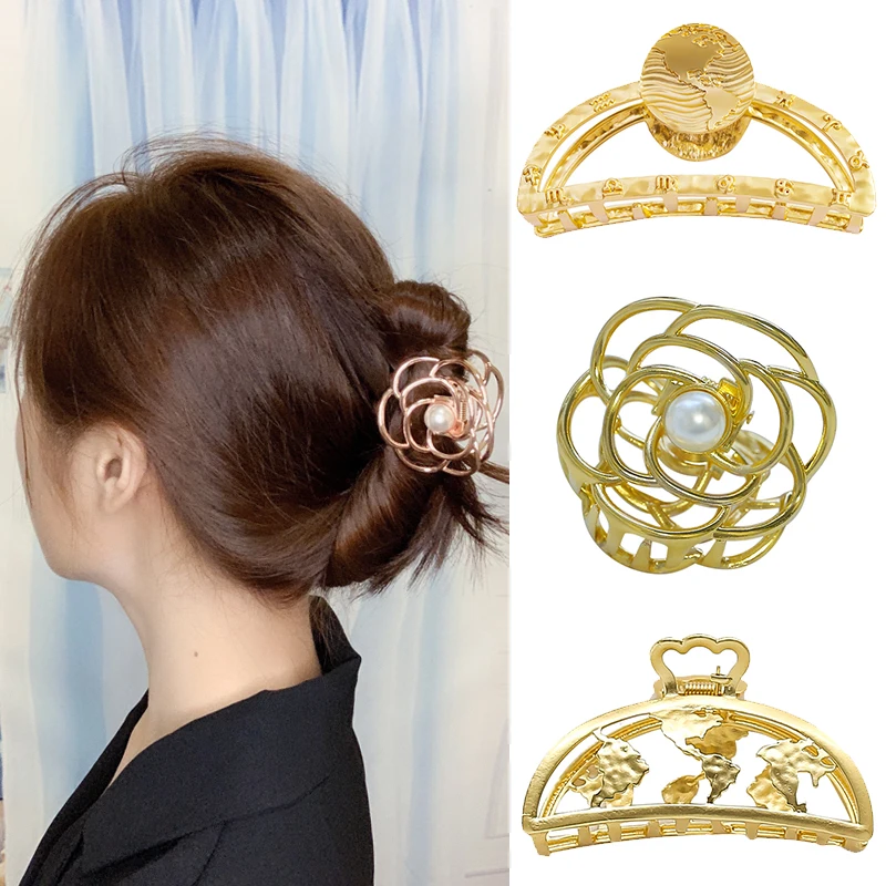 

Retro Minimalist Metal Pearl Grab Clip Hairpin Adult Headdress Flower Heart Hollow Geometric Shape Hair Claw Hair Accessories