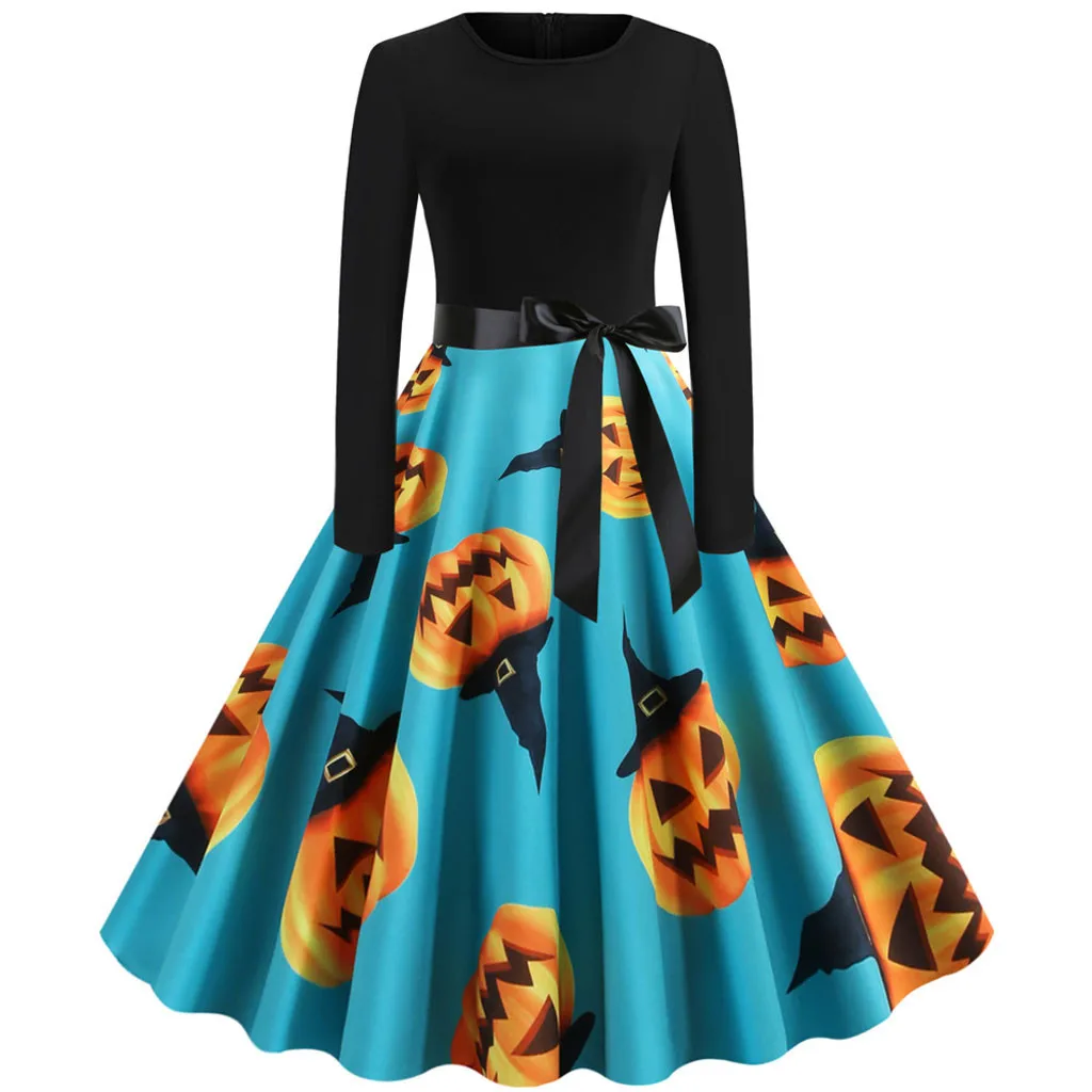 Винтажное платье для женщин с длинным рукавом принтом тыквы на Хэллоуин зимнее
