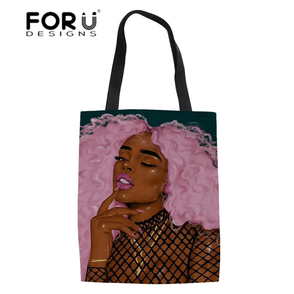 FORUDESIGNS/льняные сумки-тоут женские черные художественные африканские девушки печать хозяйственная сумка женская складная сумка-шоппер сумки для женщин эко-сумка - Цвет: YQ3697Z22