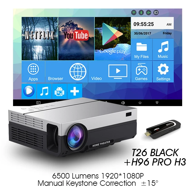 ALSTON T26 серия Full HD 1080P проектор 6500 люмен Домашний кинотеатр HDMI VGA USB tv 3D T25 T26 проектор с подарком - Цвет: T26black H96PROH3