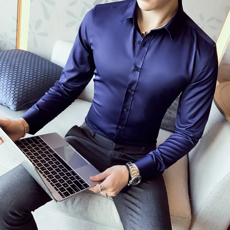 NewBoutique, модная, деловая, мужская, повседневная, тонкая рубашка, большой размер, одноцветная, британский стиль, высокое качество, длинный рукав, стрейчевая рубашка