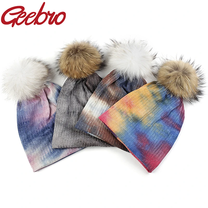 

Geebro Women Multicolor Tie dye Hat Raccoon Fox Fur Pompon Slouchy Caps Autumn Winter ladies Ribbed Cotton Beanies baggy Hats