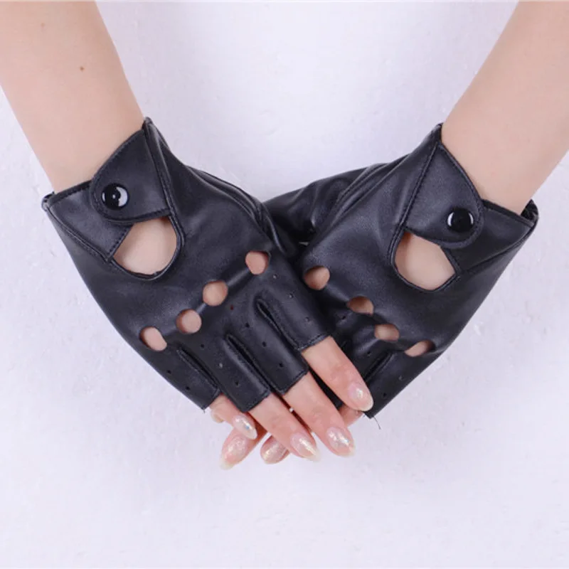 1 пара, модные перчатки с половинным пальцем, женские модные перчатки из искусственной кожи, черные перчатки без пальцев, женские перчатки с
