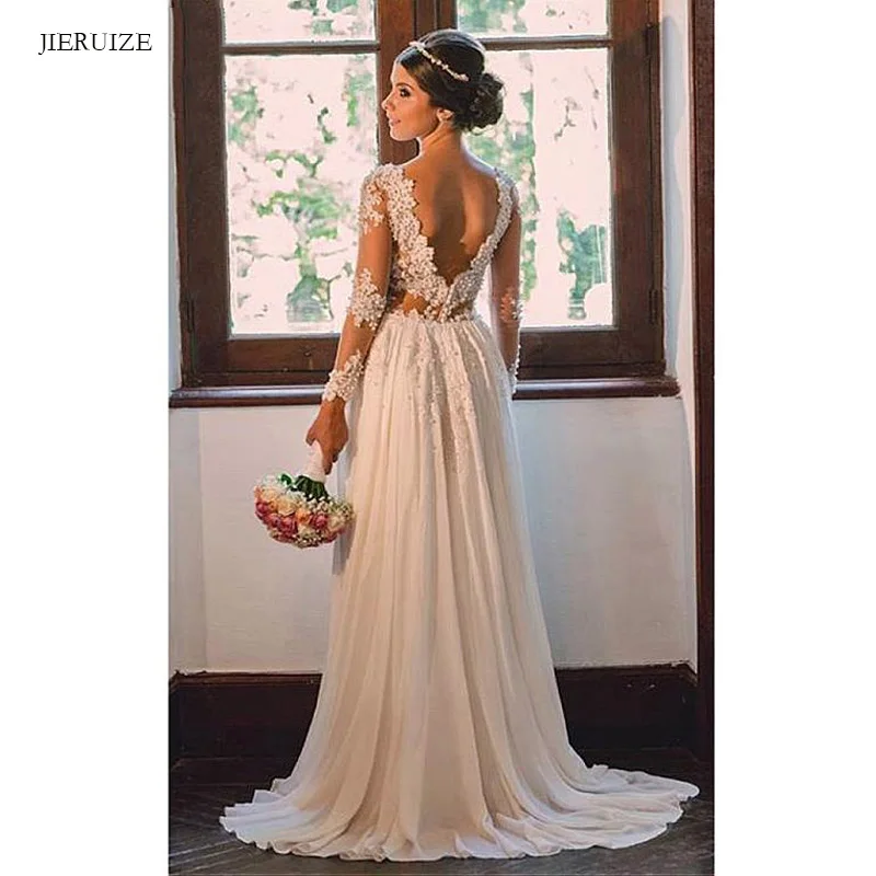 

JIERUIZE chiffon lace appliques backless boho Wedding Dresses v-neck pearls long sleeves Bride Dresses Cheap Wedding Gowns