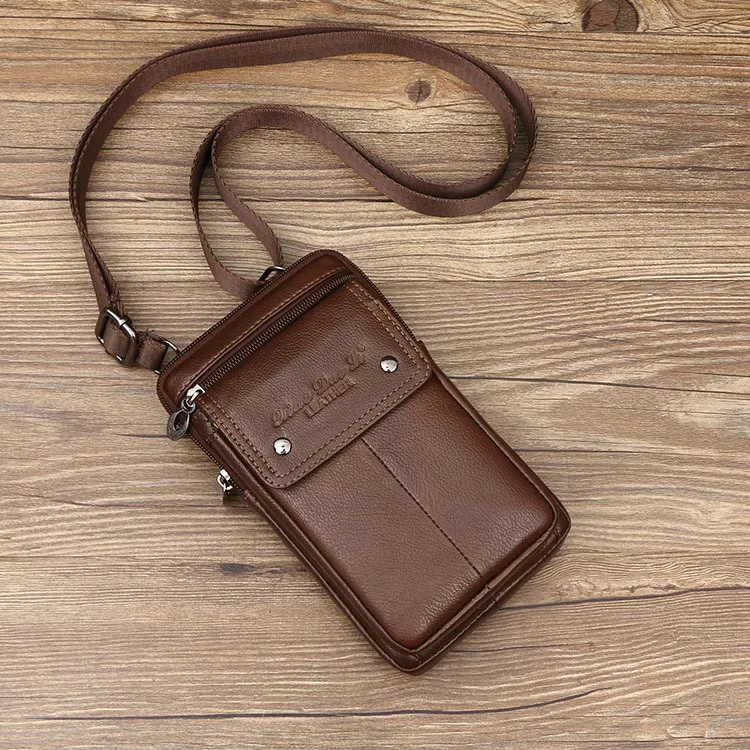 

Small Dolly Men 7-Inch Wallet Bag Leather Messenger Bag Mini Shoulder Bag Cowhide Mobile Phone Waist Bag Wear Leather Belt