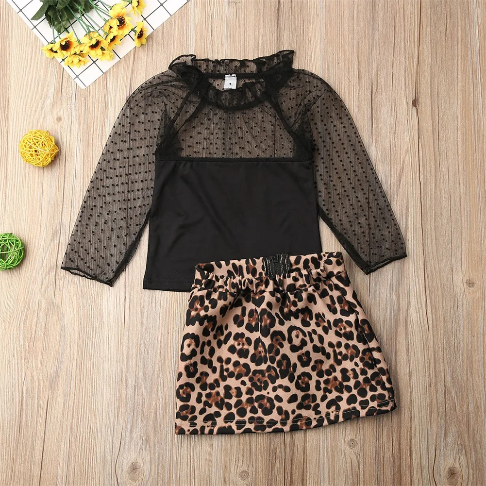 Эксклюзивная Одежда для девочек Одежда для маленьких девочек кружевные топы с пышными рукавами+ леопардовая юбка осенняя одежда из 2 предметов От 1 до 6 лет