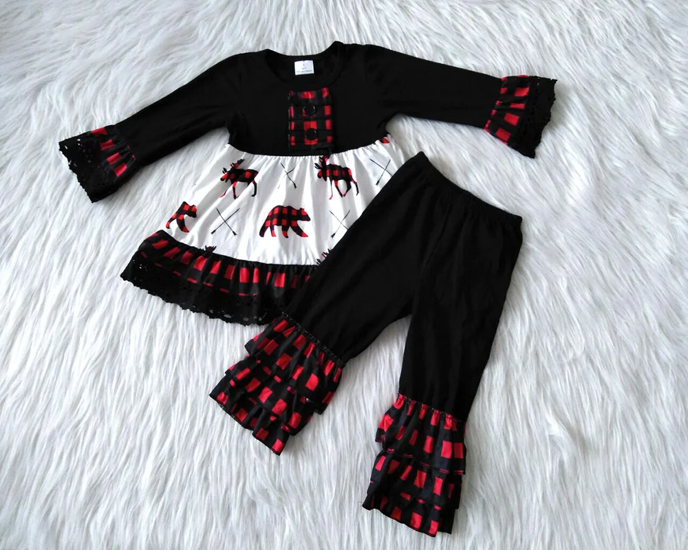 

Wholesale/retail girl Christmas outfits baby girls hipster deer long sleeve top and black pants 2 pcs sets with lace