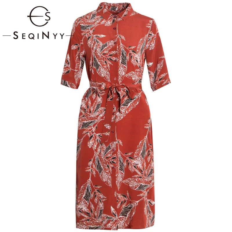 

SEQINYY Red Dress 2020 Summer Spring New Fashion Design Women Short Sleeve High Quality Silk Straight Flowers Print Dress