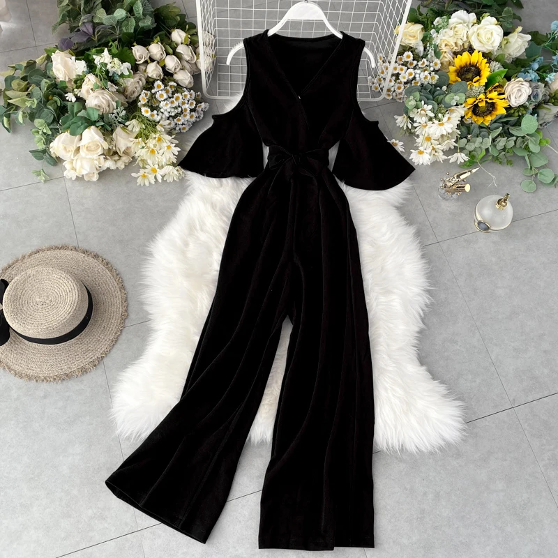 TAOVK Jumpsuit Female Strapless Ruffled Short Sleeve Strap High Waist Slimming Wide Leg Jumpsuit TAOVK Jumpsuit Female Strapless Ruffled Short Sleeve Strap High Waist Slimming Wide Leg Jumpsuit