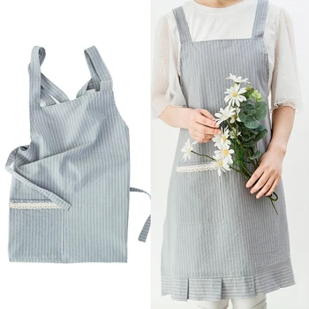 

One Size Kitchen Stripe Apron with Lace Pockets For Women Cooking and Baking BBQ