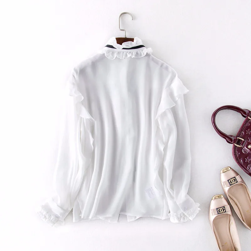  Real Silk White Blouse Spring Autumn Womens Tops and Blouses Korean Fashion Clothing Streetwear Lon