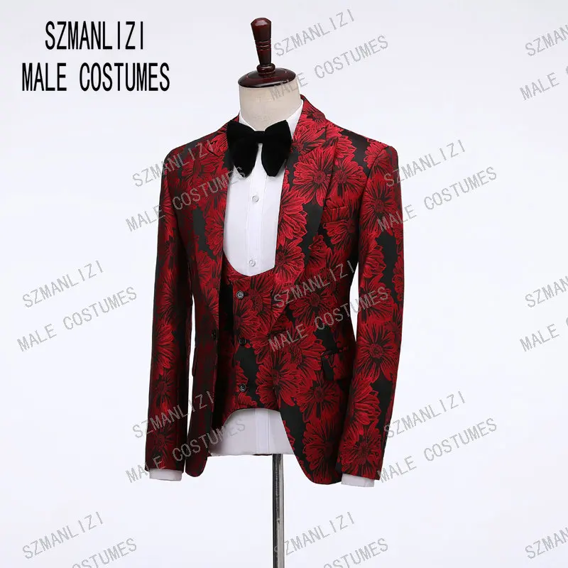 Модная мужская одежда красный цветочный костюм из 3 предметов обтягивающий Официальный Дизайн PromParty костюмы жених смокинги для мужчин свадебные костюмы