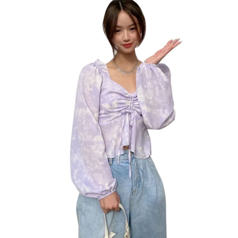

Korean Women Shirt v-Neck Tie-Dye Pleated Blouses Drawstring Ruffled Tops Long-Sleeved Chiffon Light Green Camisa One Size