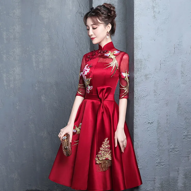 Традиционное китайское женское Qipao вечернее платье изысканная вышивка кружево Robe De Soiree Бургундия полная длина свадебное платье