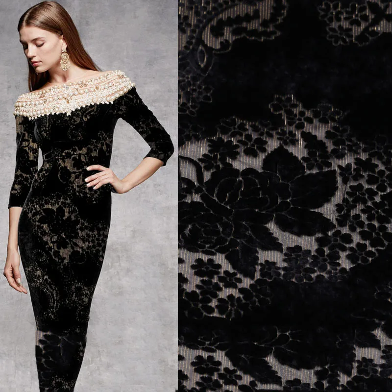

Kpop black gold burnt-out silk velvet fabric for dress tissu bazin riche getzner african telas por metro stoffen tissus au metre