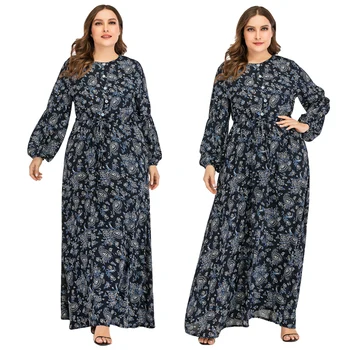 

Muslim Women Printed Long Dress Plus Size Puff Sleeve Abaya Kaftan Cocktail Party Loose Robe Cocktail Party Casual Clothing Gown