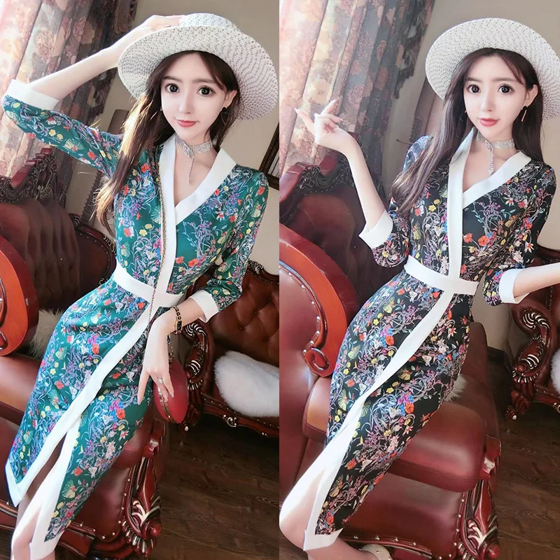 

Photo Shoot Spring Clothing New Style Elegant V-neck Fashion Sexy Slit Contrast Color Waist Hugging Long Floral Printed Dress Wo
