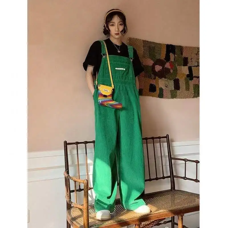 

Retro Style Corduroy Fabric Overalls Female Student Casual Pants Loose Wide Leg Pants Trousers Salopettes Romper Jumpsuit