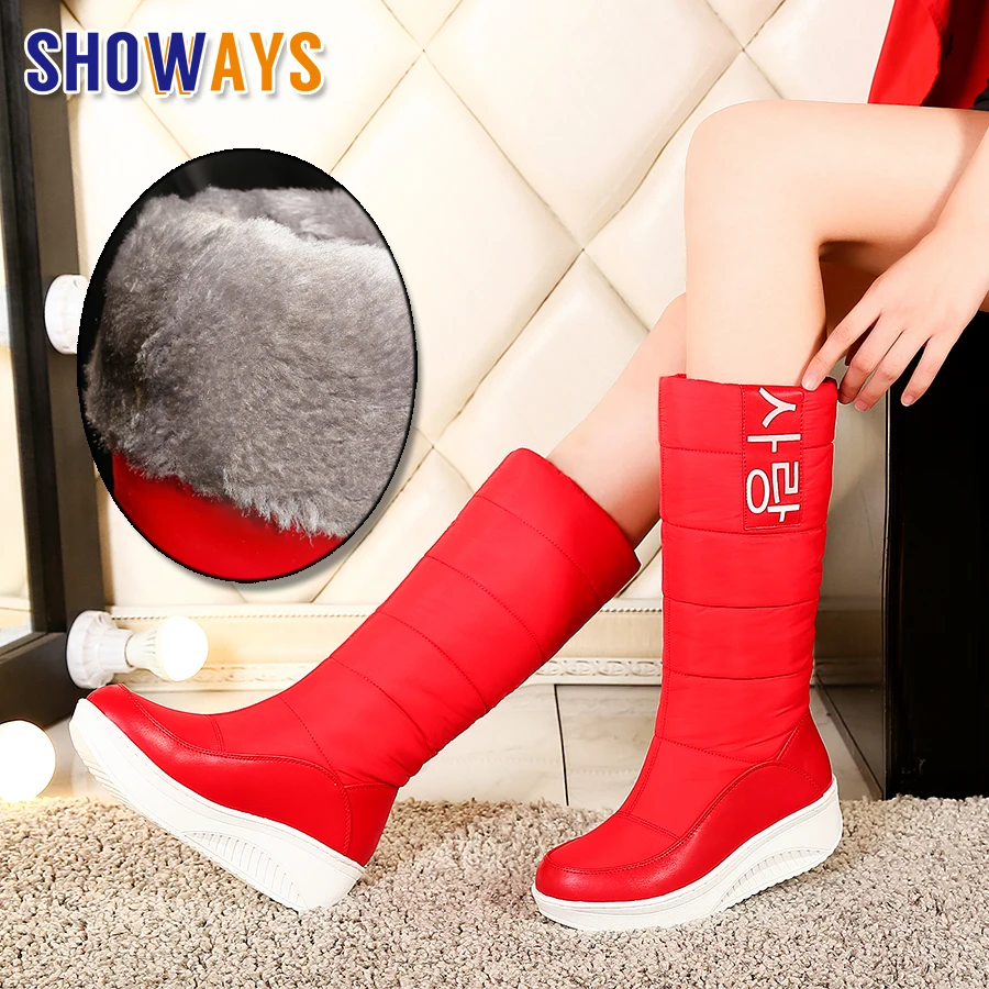 

2020 Winter Women Snow Boots Platform Wedge Heel Round Toe Red White Down Casual Outdoor Lady Slip-on Plush Furry Mid-calf Boots
