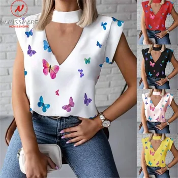 

Fashion Women Summer Butterfly Print T-Shirts Hollow Out Design Halter Short Sleeve Slim Pullovers Top for Streetwear