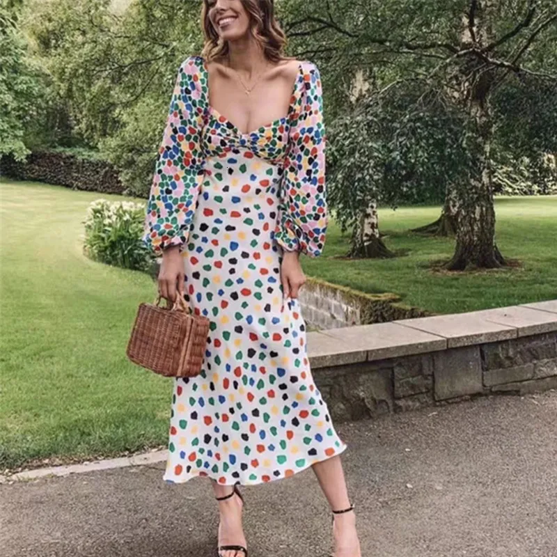 2019 осеннее Длинное Пышное Платье с квадратным воротником и цветочным принтом в