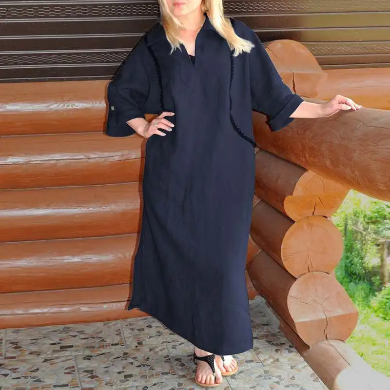 VONDA vintage винтажное платье женское хлопковое повседневное свободное платье с рукавом 3/4, однотонное праздничное Макси длинное платье-рубашка, платья Kleid Robe Femme, большие размеры