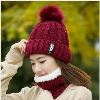 

Hooded wool cap female winter plus velvet hat scarf suit winter outdoor warm knitted hat