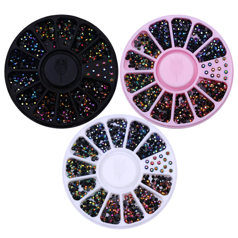 

1 Box Nail Decoration Gradient Blue White Semi-circle Pearl Bead Mixed Size Flat Bottom Black Rhinestones 3D Nail Art Decoration