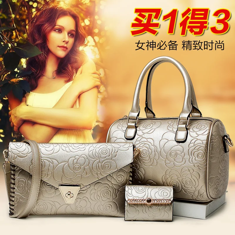 

2016 New Style Europe And America Fashion Embossed Different Size Bags Rose Decorative Pattern Three-piece Set WOMEN'S Bag Shoul
