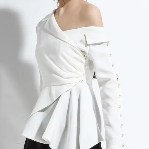 

Genayooa Womens Tops And Blouses Vintage Long Sleeve Irregular Skew Collar Shirt Sexy Off Shoulder Top Ladies Korean Style 2020