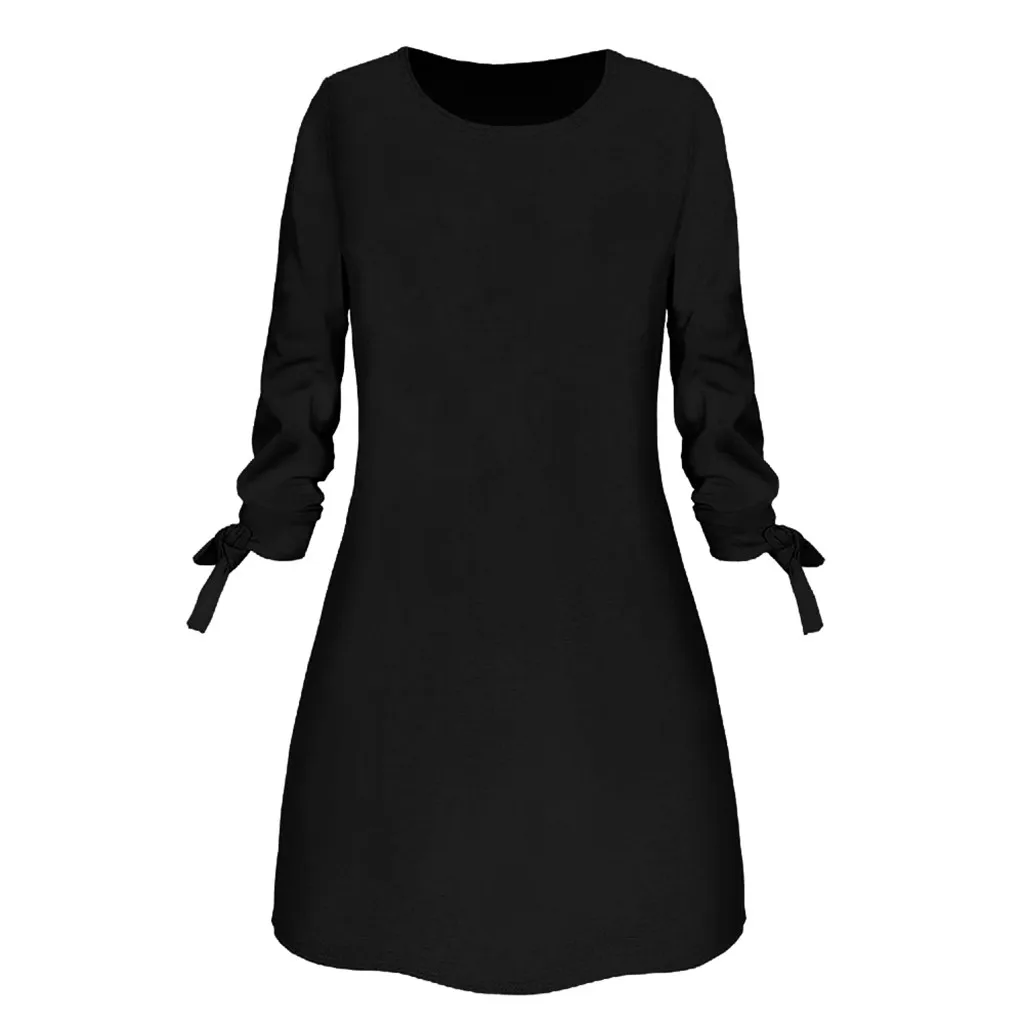 Dress Women платье Fashion Casual O-neck Solid Three Quarter Bow Elegant Straigth Dress Spring Loose Mini Dresses Free Ship Z4