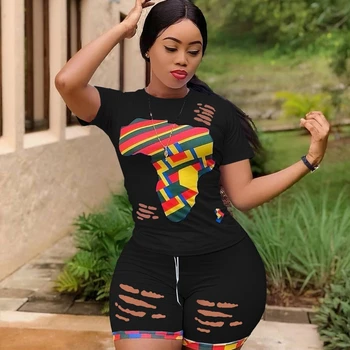 

Fashion Casual Print Short Sleeve Top Shorts 2 Piece Set Hole Matching Set Women Harajuku Tees Simple T-shirt Outfit Sports Wear