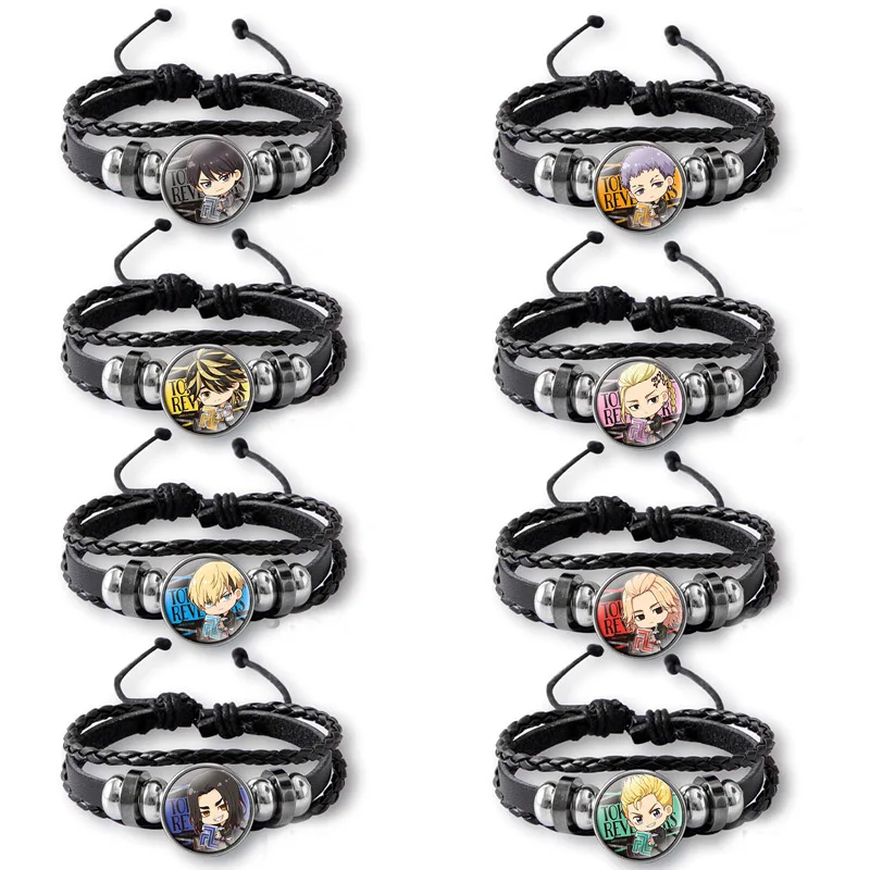 Anime Cartoon Tokyo Revengers Adjustable Leather Bracelet Cosplay Anime Tokyo Manji Revengers Glass Snap Button Charms Bracelets