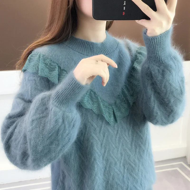 

Korean Sweater Ladies 2020 Autumn and Winter New Pullover Blouse Loose and Fashionable Outer Wear Lace Inner Wear Base Shirt