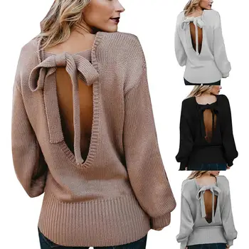 

Fashion Women Autumn Solid Color O Neck Backless Back Bow Tie Knitwear Sweater