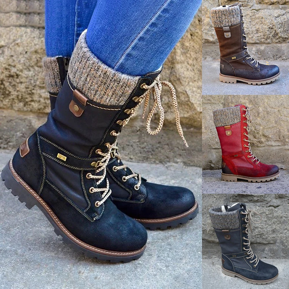 Puimentiua Winter Shoes Women Boots Basic Mid-Calf Boots Round Toe Zip Platform Decor Female Shoes Warm Lace Up Boots Shoes
