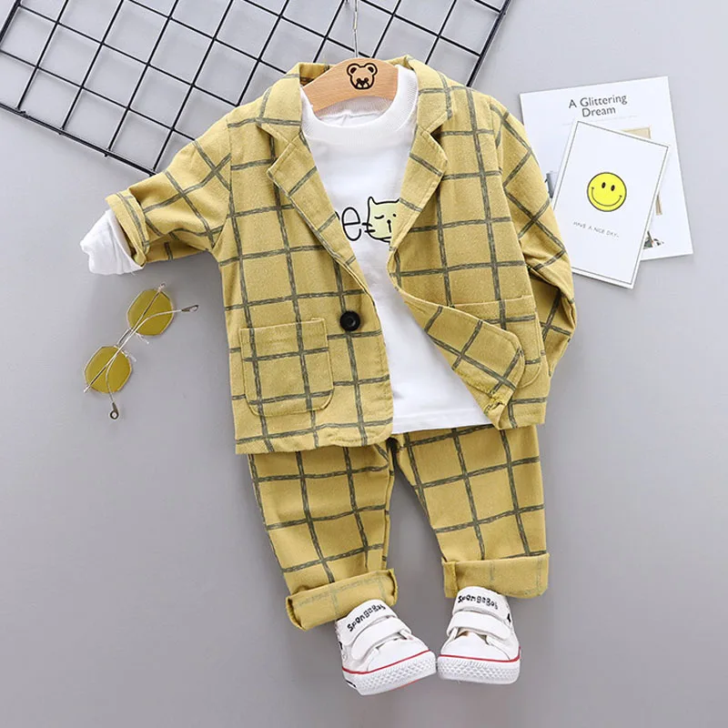 Yellow no Shoes Костюм в клетку для маленьких мальчиков комплект из 3 предметов для маленьких мальчиков, праздничный комплект одежды для детей, куртка+ штаны+ рубашка с бантом - Цвет: Yellow no Shoes